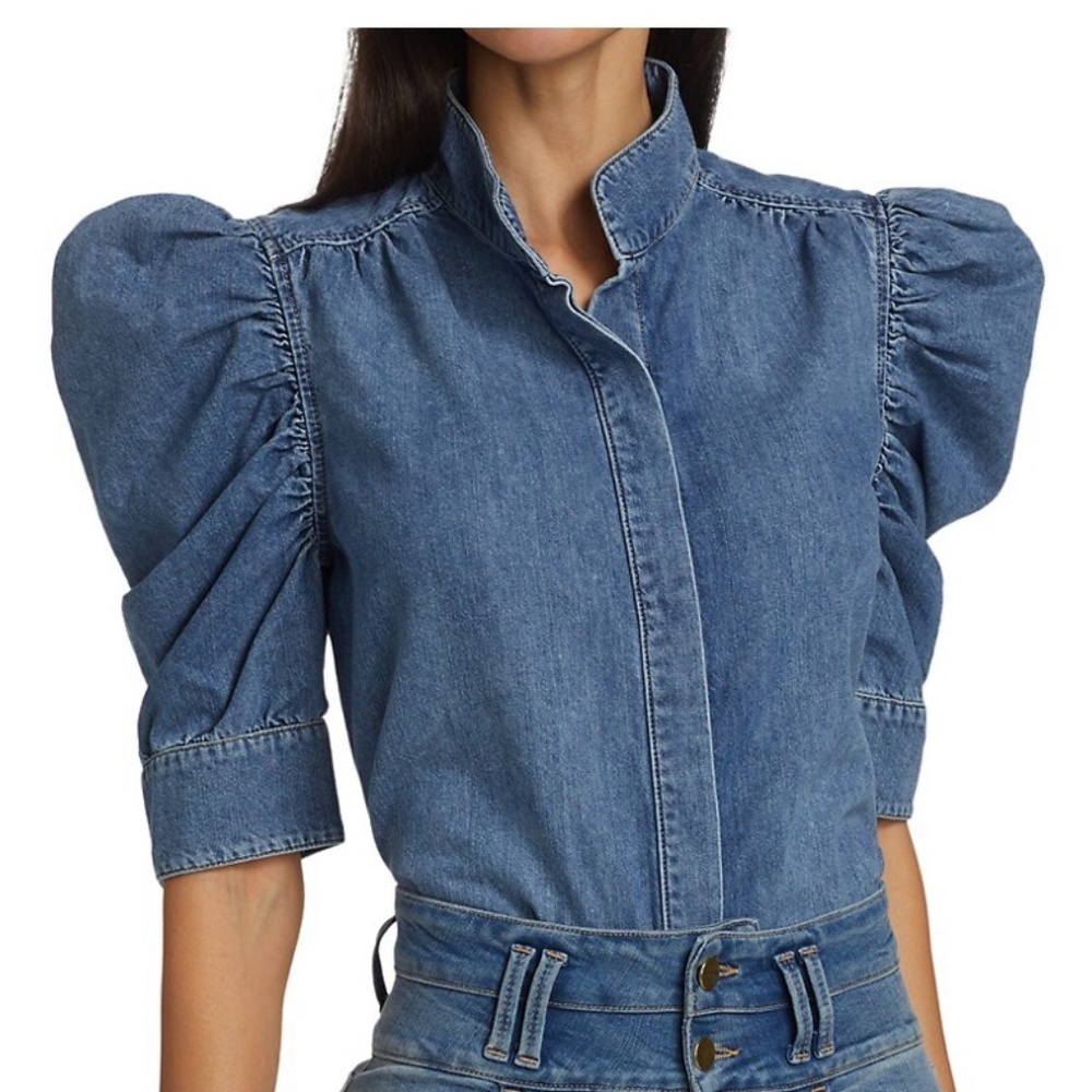 Frame Ruffled Sleeve Denim Shirt - Picture 2 of 8